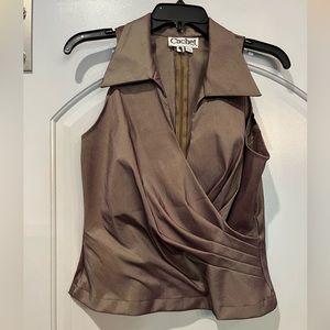 Vintage Cachet Smokey khaki organza style black tie collared tank blouse.